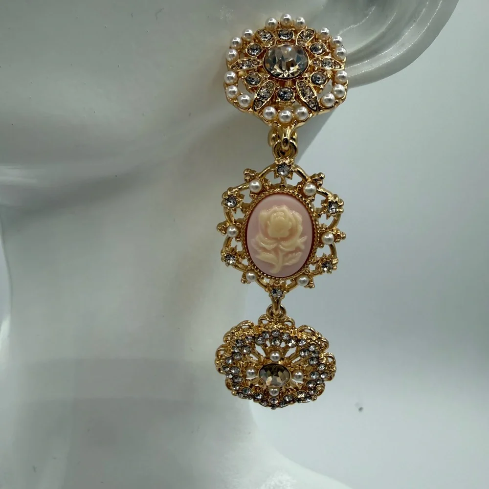 Marchesa Elegant Gold Cameo Rose Drop Earrings w/ Pearls & Crystals - Picture 9 of 16